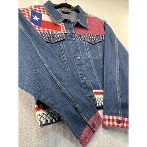 Don't Mess W/ Texas Denim Jacket Women Lg Lone Star Bead Swag Lace Country Glam